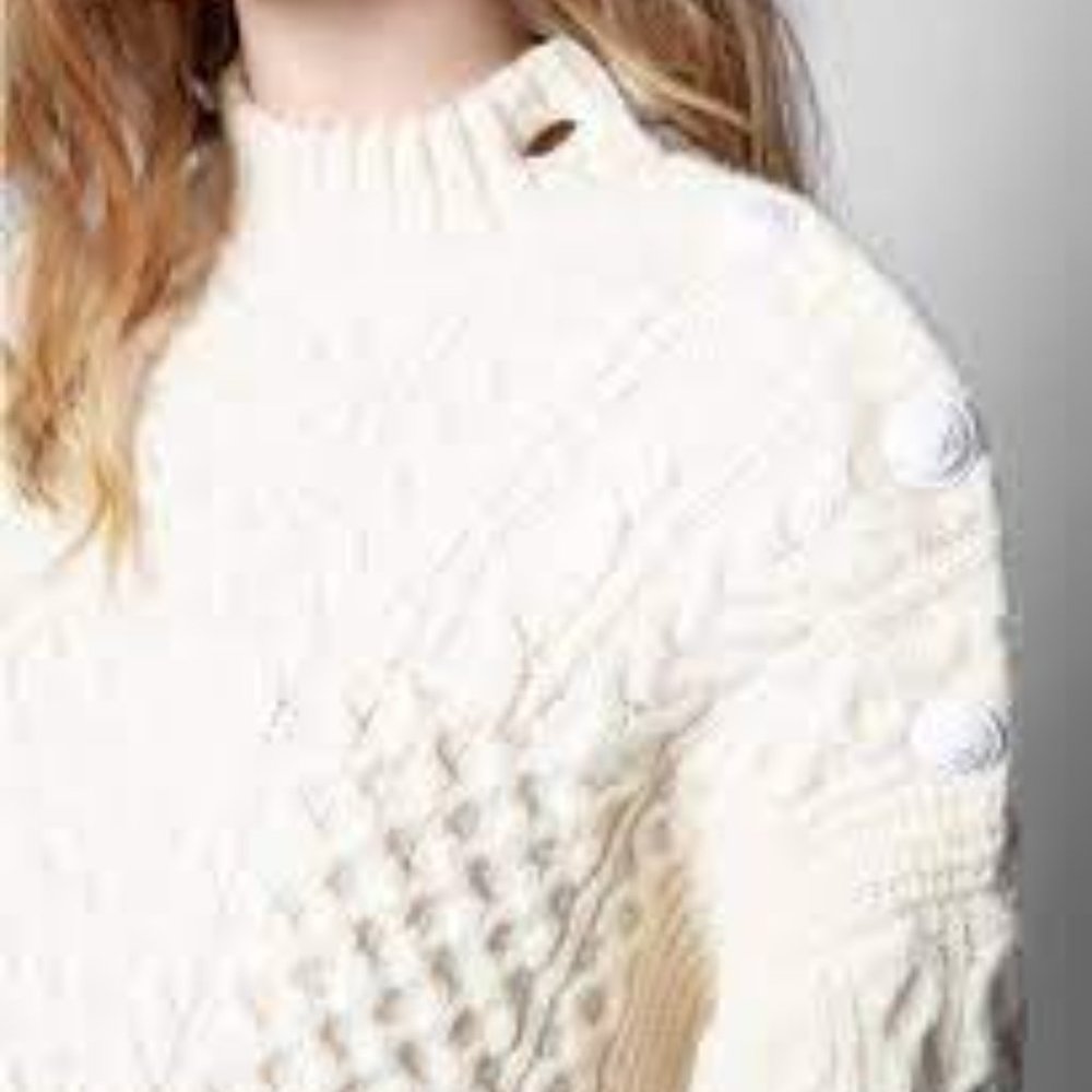 Zadig & Voltaire Malta Button Shoulder Cable Knit Cashmere Sweater (Ecru, Medium - Picture 5 of 10